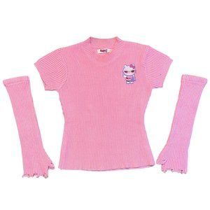 Graphic Hello Kitty Ribbed Harajuku Mock Neck y2k Top with Arm Warmers